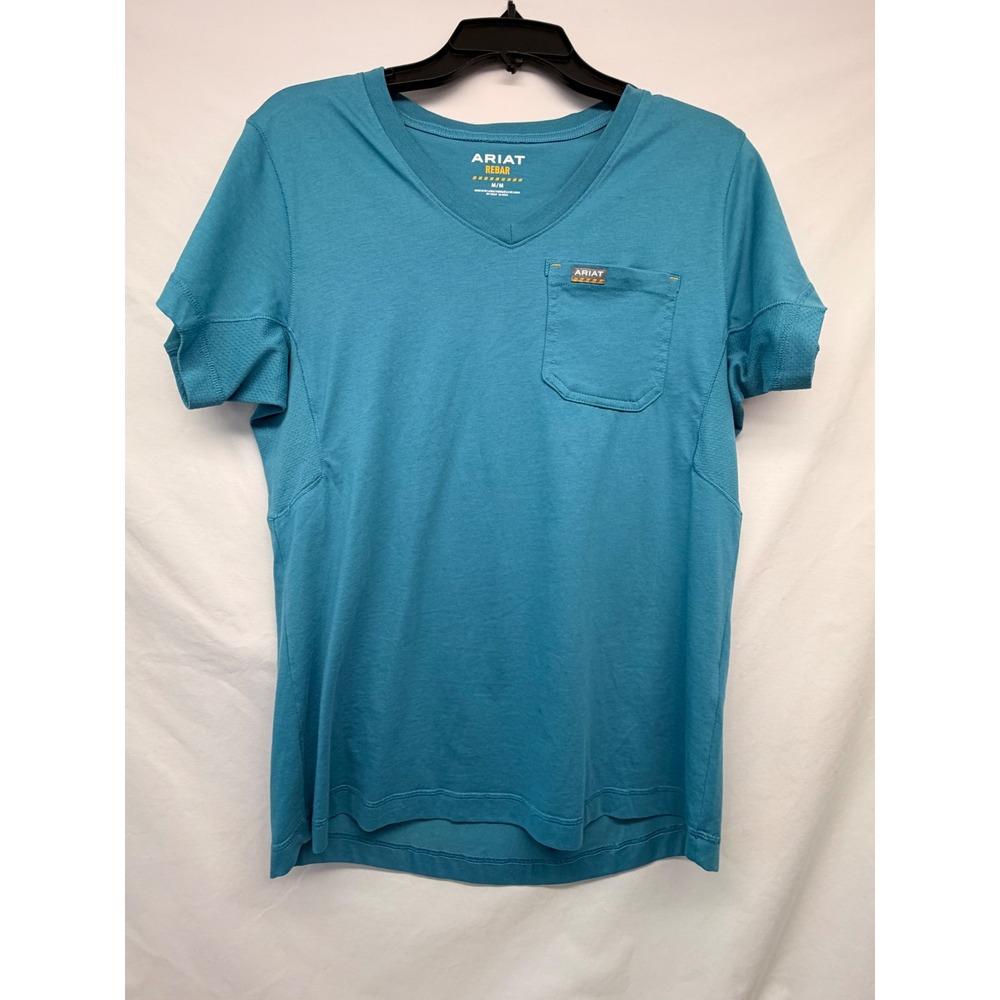 Ariat Rebar Womens V-Neck Work T-Shirt Teal Blue Pocket Pen Slot Size M